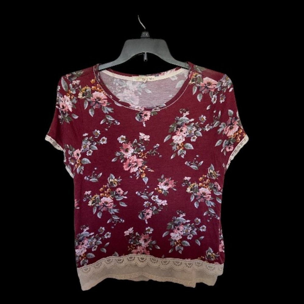REWIND Teen Top Blouse Shirt Burgundy Floral with Lace Size XL